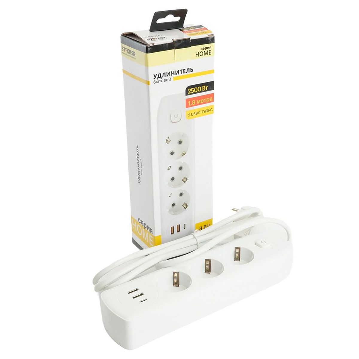 Удлинитель 3-местный c/з 3x1 мм2, 1,8 м, 250В, 10А, 2USB+1Type-C 2,4А, серия Home plus, белый STEKKER HM08-33-02 49970 1