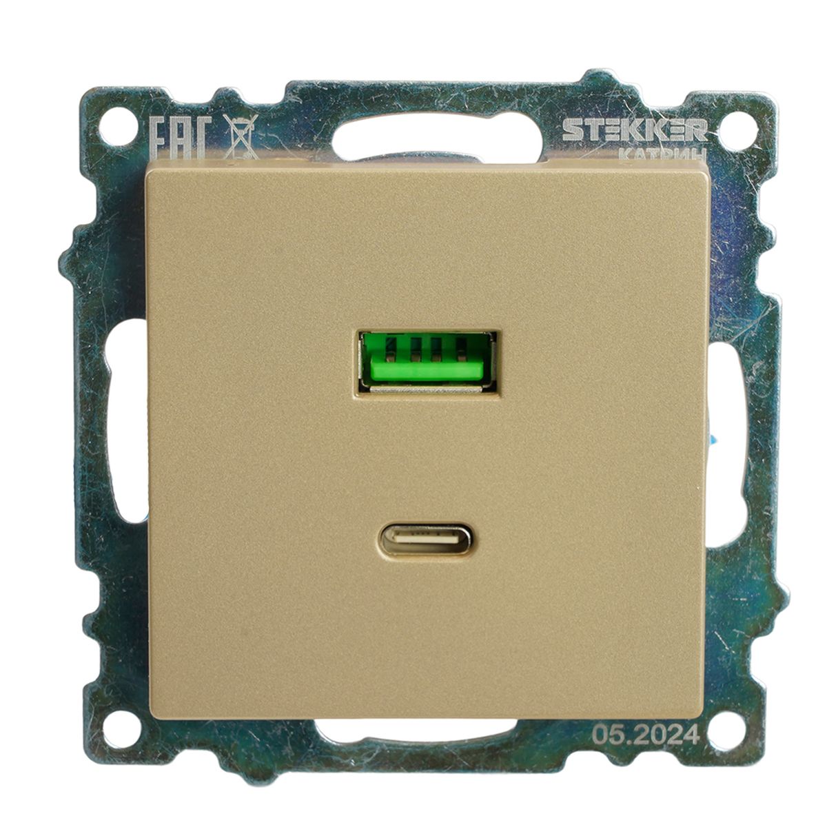 Розетка 2-местная USB + type C (механизм), 250В, 3А, max 20W, STEKKER, GLS10-7116-08, серия Катрин, золото 50053 4