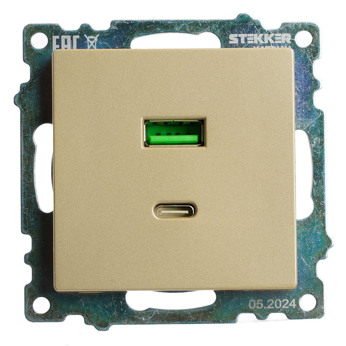 Розетка 2-местная USB + type C (механизм), 250В, 3А, max 20W, STEKKER, GLS10-7116-08, серия Катрин, золото 50053 2