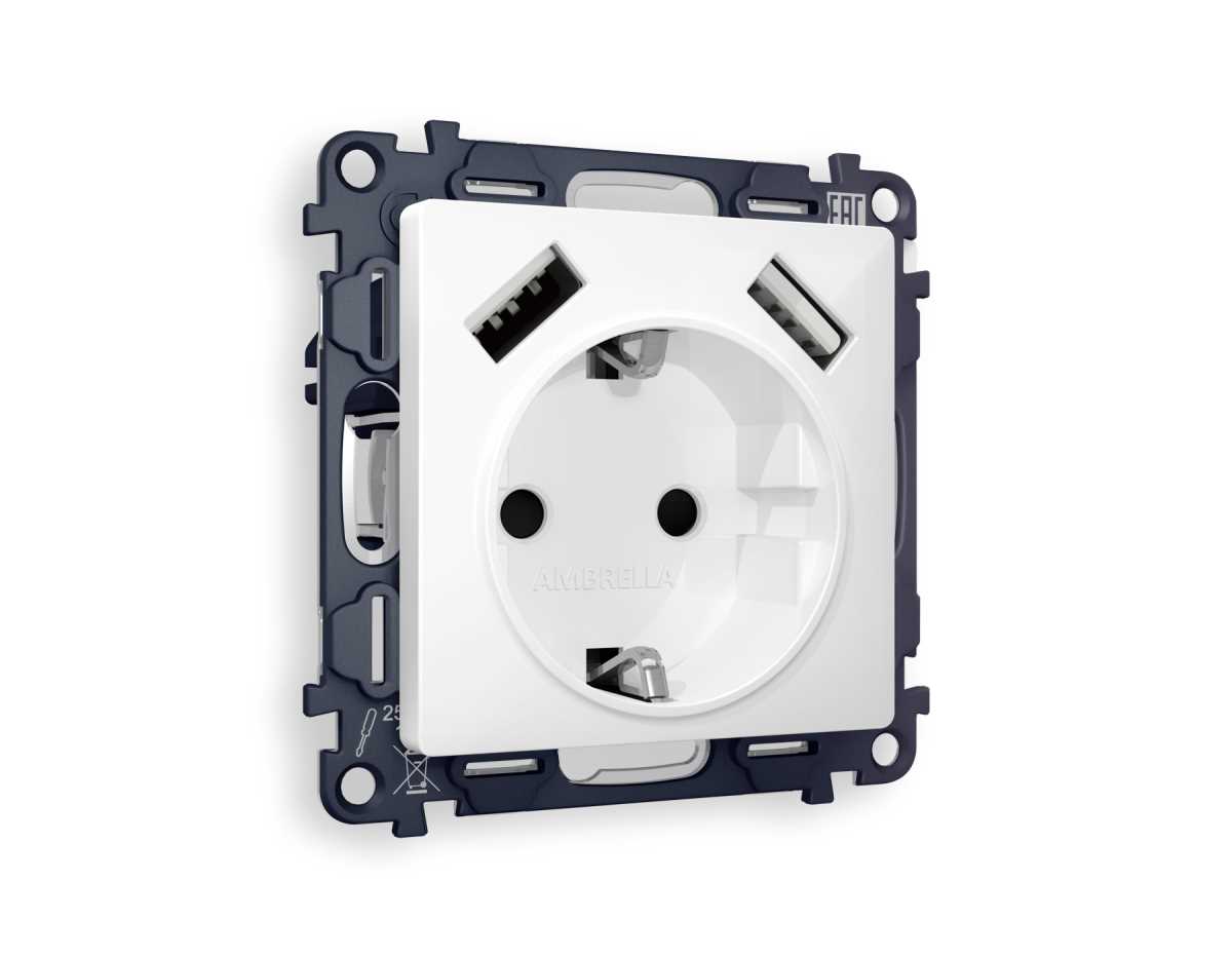 Комплект механизма электрической розетки AMBRELLA VOLT  ALFA Белый глянец 2USB A+A 18W (быстрая зарядка) с/з QUANT (AP1090, VM155) MA109010