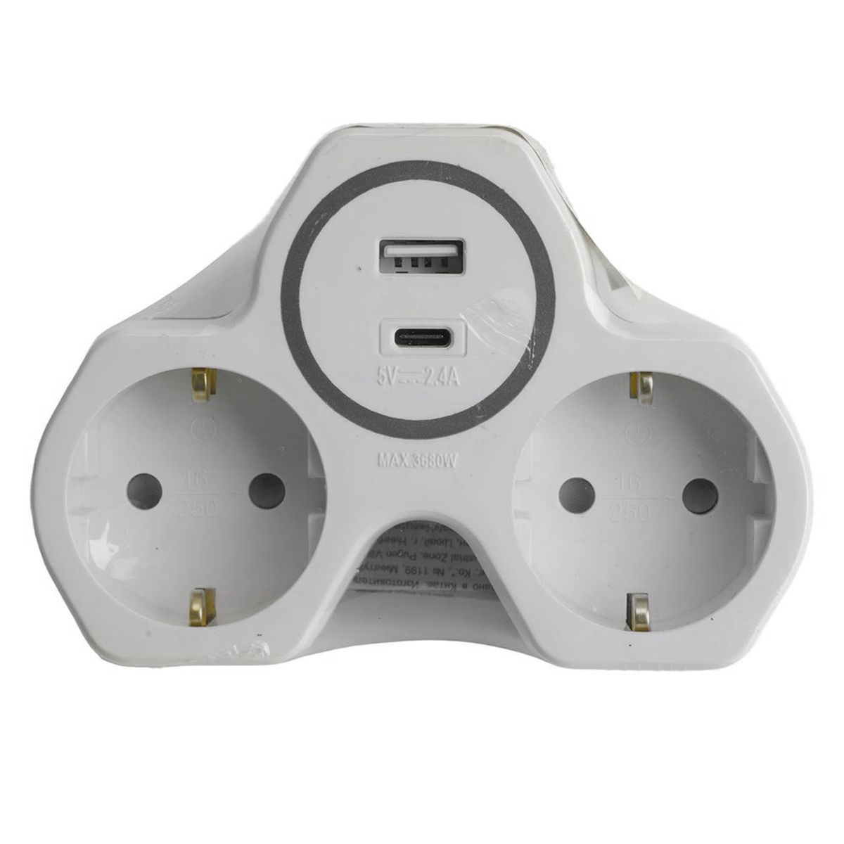 Разветвитель сетевой 2-местный с/з Stekker ADP16-15-20, 250V, 16A и USB+Type C на 2.4А, белый/серый 50071 1
