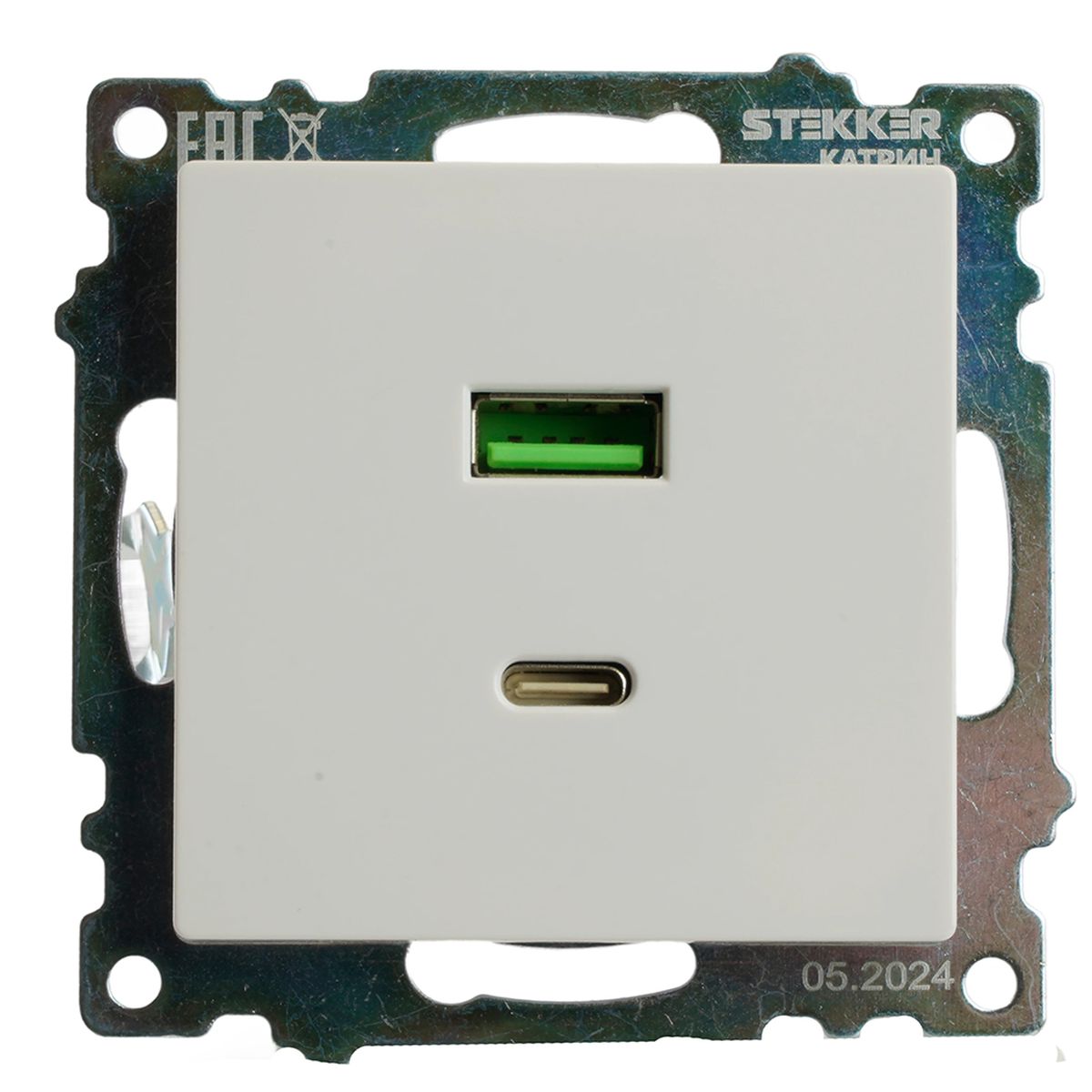 Розетка USB 2-местная + type C (механизм), STEKKER GLS10-7116-01, 250В, 3А, max 20W, серия Катрин, белый 50051 3