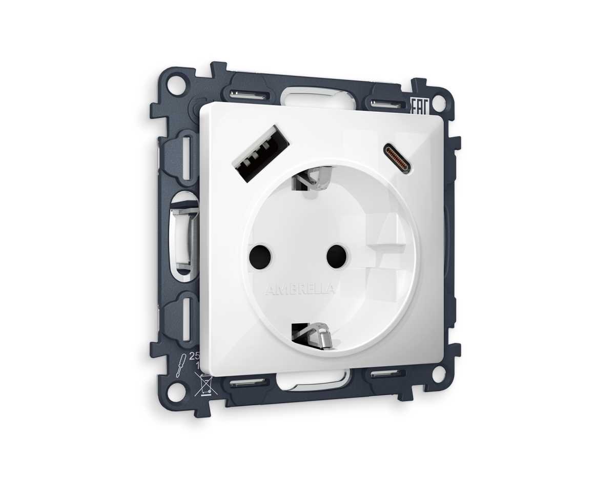 Комплект механизма электрической розетки AMBRELLA VOLT ALFA Белый глянец 2USB A+C 20W (быстрая зарядка) с/з QUANT (AP1100, VM160) MA110010