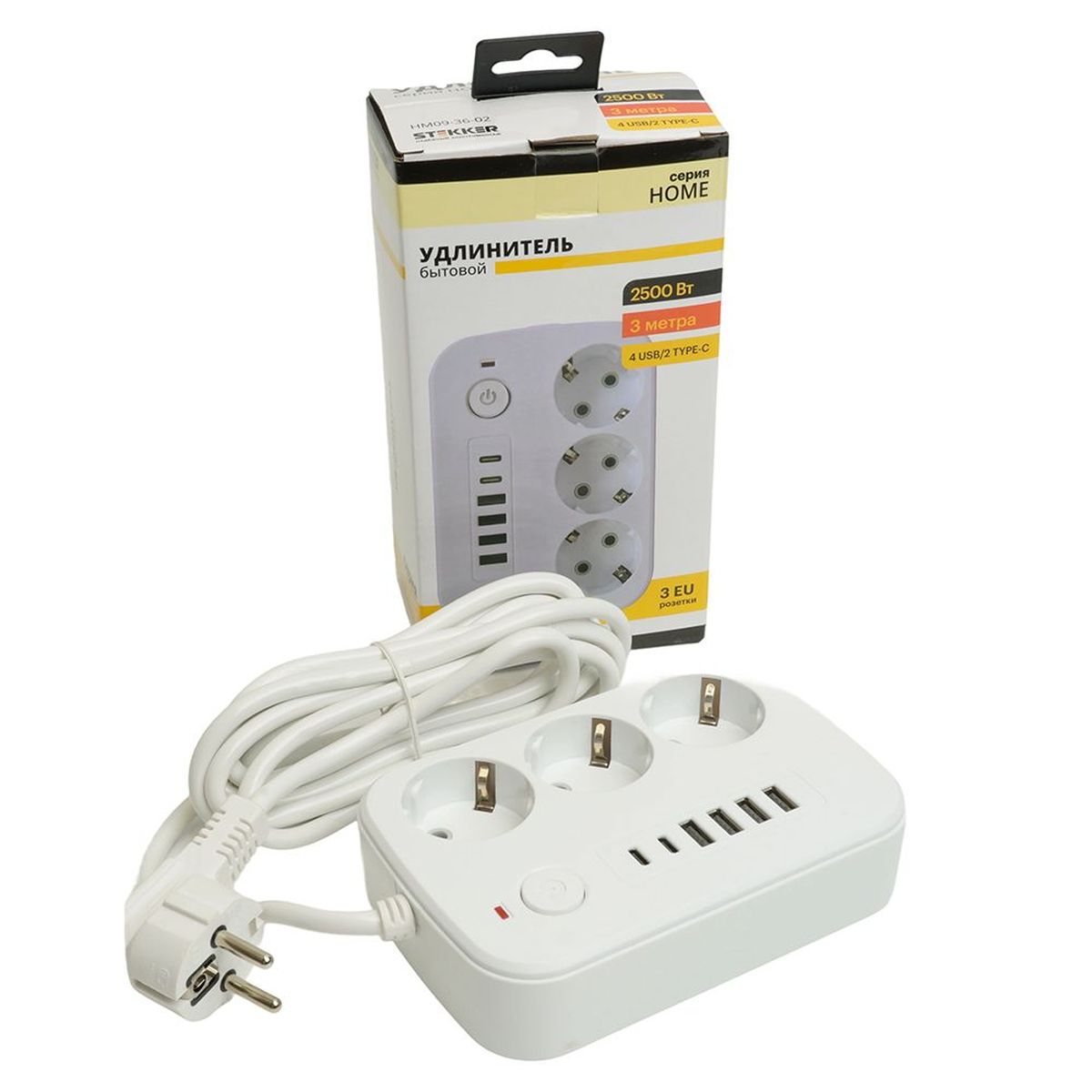 Удлинитель 3-местный c/з 3x1 мм2, 3 м, 250В, 10А, 4USB+2Type-C 2,4А, серия Home plus, белый STEKKER HM09-36-02 49979 1