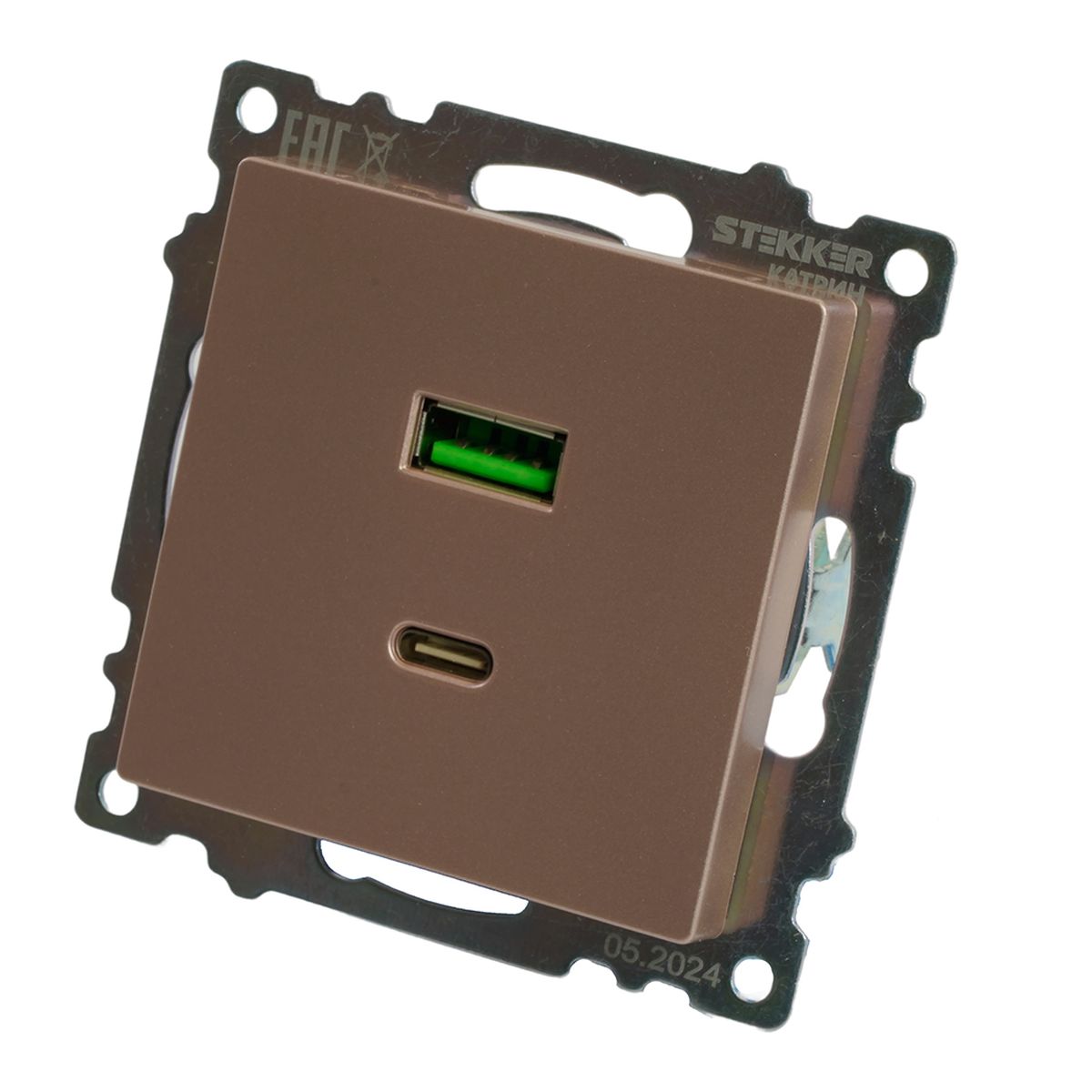 Розетка 2-местная USB + type C (механизм), STEKKER GLS10-7116-02, 250B, 3A, max 20W, серия Катрин, шампань 50056 2