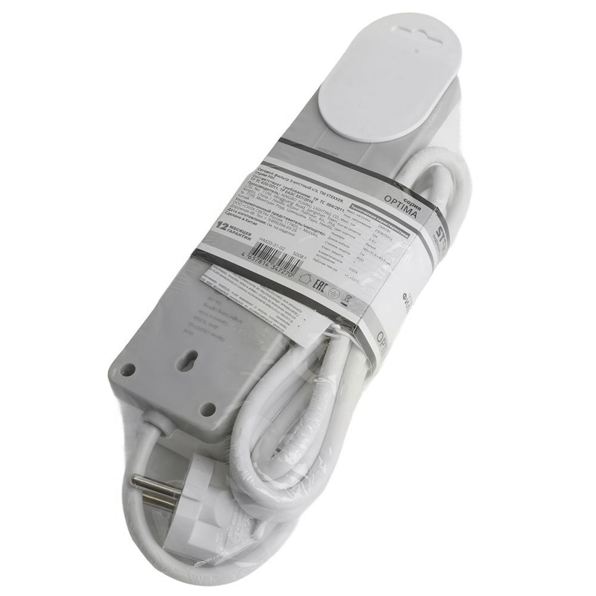 Сетевой фильтр 3-местный с/з Stekker HM20-31-03 3x1мм2, 3 м, 250В, 16А, серия Optima, белый 50087 1
