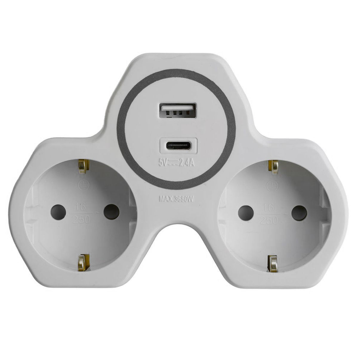 Разветвитель сетевой 2-местный с/з Stekker ADP16-15-20, 250V, 16A и USB+Type C на 2.4А, белый/серый 50071