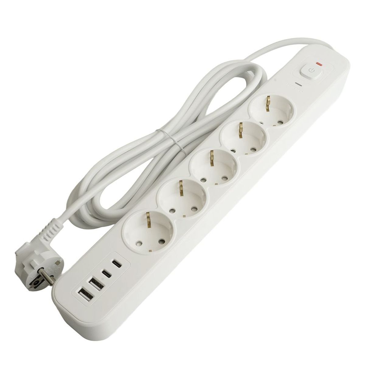 Сетевой фильтр 5-местный с/з Stekker 3x1мм2, 5 м, 250В, 16А, 2 USB-A+2 Type-C 3, серия Nova, белый 50104 1