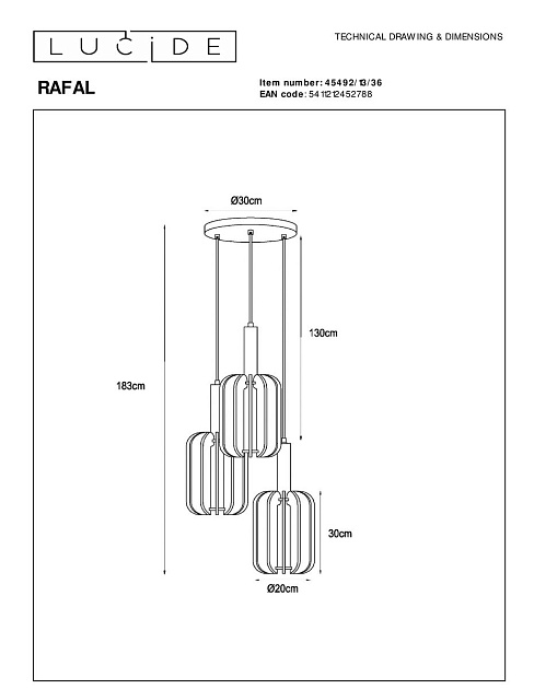 Подвесная люстра Lucide Rafal 45492/13/36 изображение 2 Подвесная люстра Lucide Rafal 45492/13/36 Фото № 2