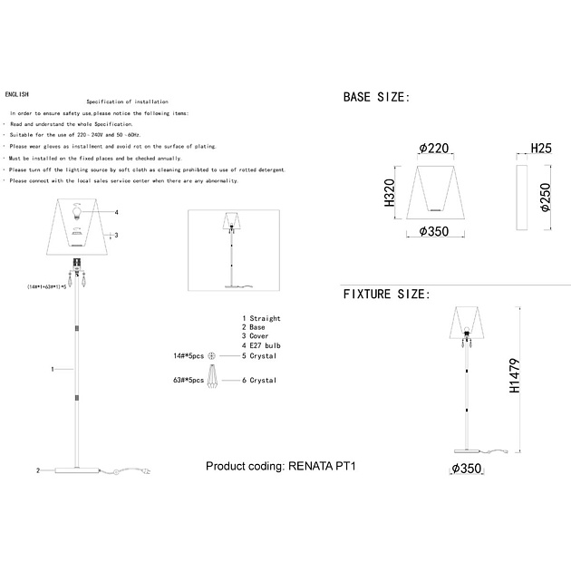 Торшер Crystal Lux Renata PT1 Gold изображение 2 Торшер Crystal Lux Renata PT1 Gold Фото № 2