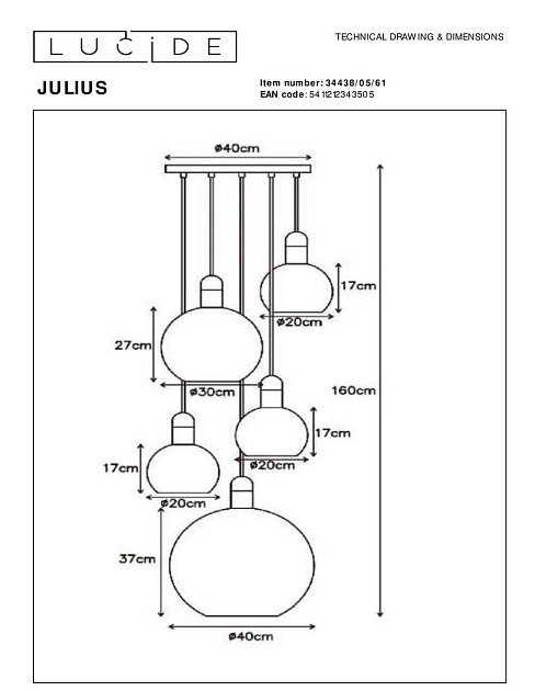 Подвесная люстра Lucide Julius 34438/05/61 Фото № 2