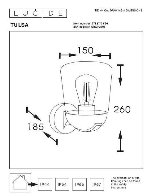 Уличный настенный светильник Lucide Tulsa 27837/01/30 изображение 2 Уличный настенный светильник Lucide Tulsa 27837/01/30 Фото № 2
