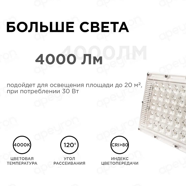 Прожектор светодиодный Apeyron 30W 4000K 05-41 изображение 3 Прожектор светодиодный Apeyron 30W 4000K 05-41 Фото № 3