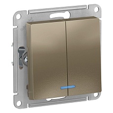 Выключатель двухклавишный Systeme Electric AtlasDesign 10A 250V с подсветкой шампань ATN000553