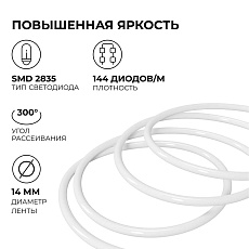 Комплект светодиодного НЕОНа Apeyron 220В, 6Вт/м, 300лм/м, 6500К, smd 2835, 144д/м, круглый, d=14, 10м, IP65 (сетевой шнур, заглушка, крепеж - 10шт) 1 5