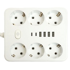 Удлинитель 6-местный c/з 3x1 мм2, 1,8 м, 250В, 10А, 4USB+2Type-C 2,4А, серия Home plus, белый STEKKER HM09-66-02 49975 4