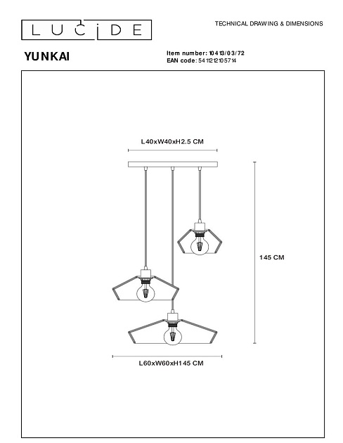 Подвесная люстра Lucide Yunkai 10413/03/72 изображение 2 Подвесная люстра Lucide Yunkai 10413/03/72 Фото № 2