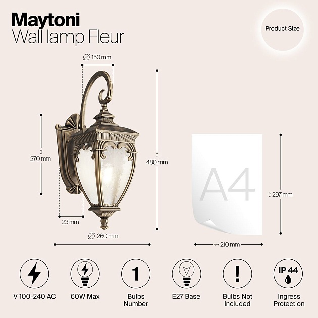 Уличный настенный светильник Maytoni Fleur O414WL-01GB Фото № 2