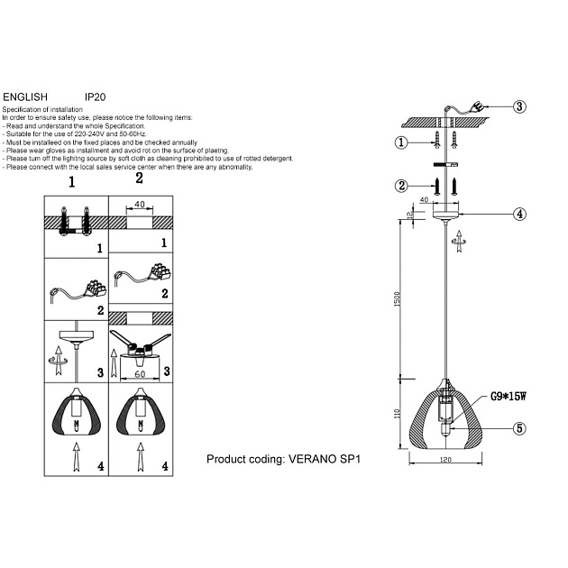 Подвесной светильник Crystal Lux VERANO SP1 TRANSPARENT Фото № 2