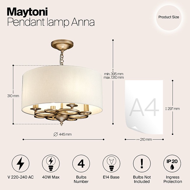 Подвесная люстра Maytoni Anna H007PL-04G Фото № 2