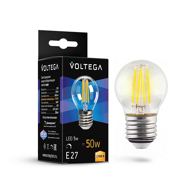 Лампа светодиодная диммируемая Voltega E27 5W 2700K прозрачная 7201 Фото № 1