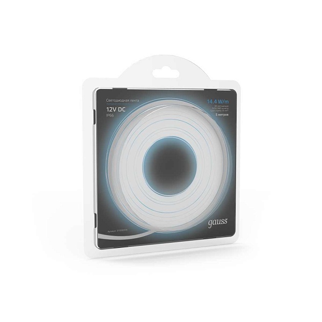 Светодиодная влагозащищенная лента Gauss 14,4W/m 60LED/m 5050SMD холодный белый 5M 311000314 изображение 2 Светодиодная влагозащищенная лента Gauss 14,4W/m 60LED/m 5050SMD холодный белый 5M 311000314 Фото № 2