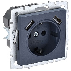 BRITE Розетка 1-местная с заземлением с защитными шторками 16А с USB A+A 5В 3,1А РЮш10-2-БрМ маренго IEK BR-R14-16-U21-D31-K35