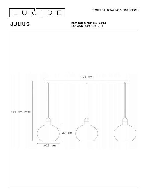 Подвесной светильник Lucide Julius 34438/03/61 изображение 2 Подвесной светильник Lucide Julius 34438/03/61 Фото № 2