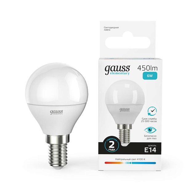 Лампа светодиодная Gauss E14 6W 4100K матовая 53126 Фото № 4