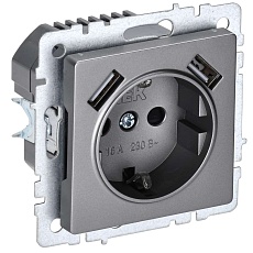 BRITE Розетка 1-местная с заземлением с защитными шторками 16А с USB A+A 5В 2,1А РЮш10-1-БрС сталь IEK BR-R14-16-U21-D21-K46