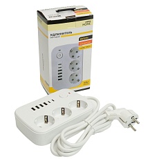Удлинитель 3-местный c/з 3x1 мм2, 1,8 м, 250В, 10А, 4USB+2Type-C 2,4А, серия Home plus, белый STEKKER HM09-36-02 49972 1